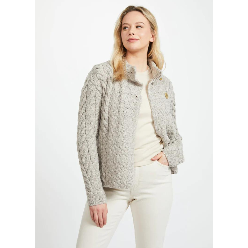 Ladies Luxury Merino Wool Trellis Multi Aran Cable Knit Cardigan  Oatmeal